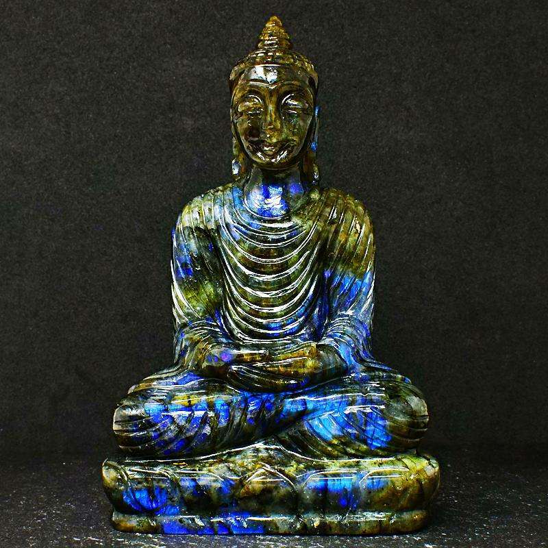 gemsmore:Hand Carved Museum Size Blue Flash Labradorite Lord Buddha