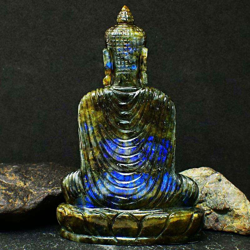 gemsmore:Hand Carved Museum Size Blue Flash Labradorite Lord Buddha