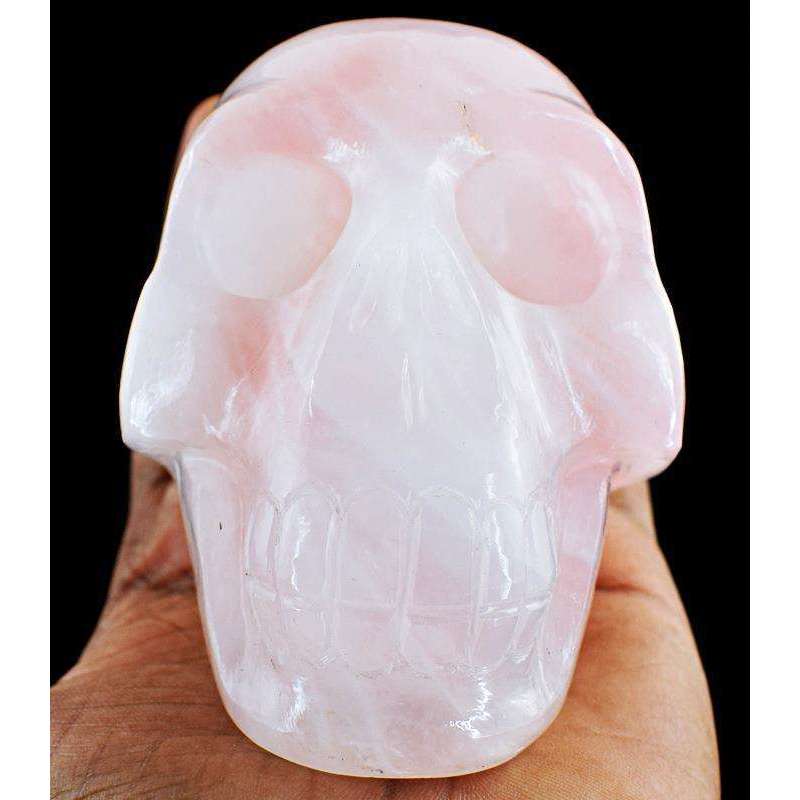 gemsmore:Hand Carved Pink Rose Quartz Human Skull Gemstone