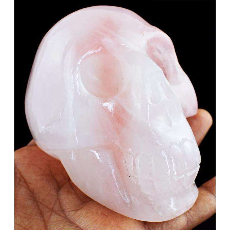 gemsmore:Hand Carved Pink Rose Quartz Human Skull Gemstone