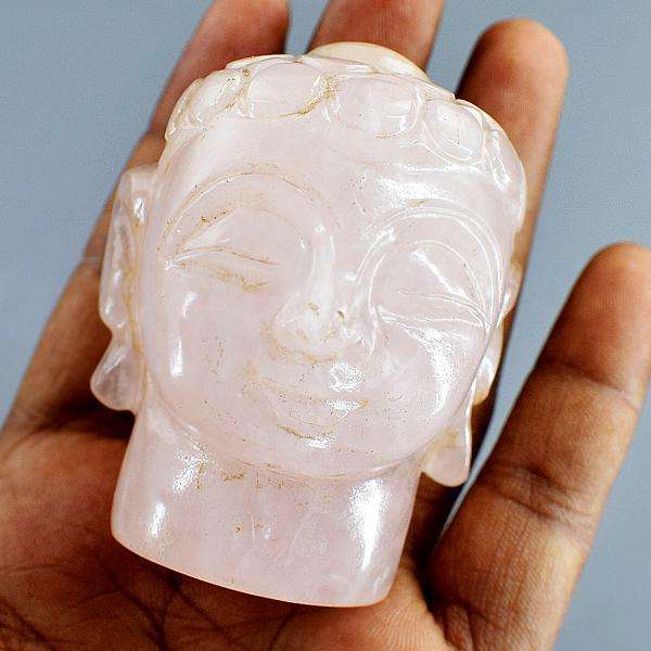 gemsmore:Hand Carved Pink Rose Quartz Lord Buddha Head Idol