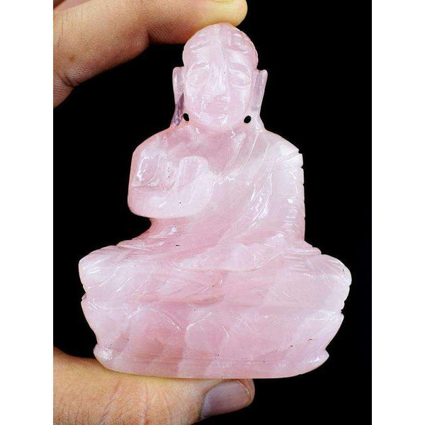gemsmore:Hand Carved Pink Rose Quartz Lord Buddha Idol