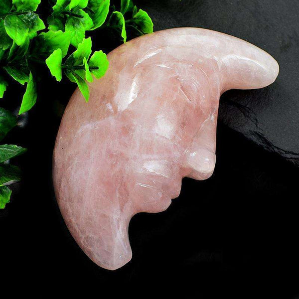 gemsmore:Hand Carved Pink Rose Quartz Moon Face