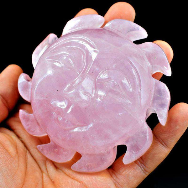 gemsmore:Hand Carved Pink Rose Quartz Sun Face