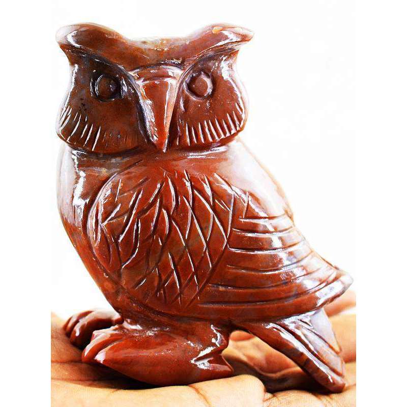 gemsmore:Hand Carved Red Jasper Detailed Owl Gemstone