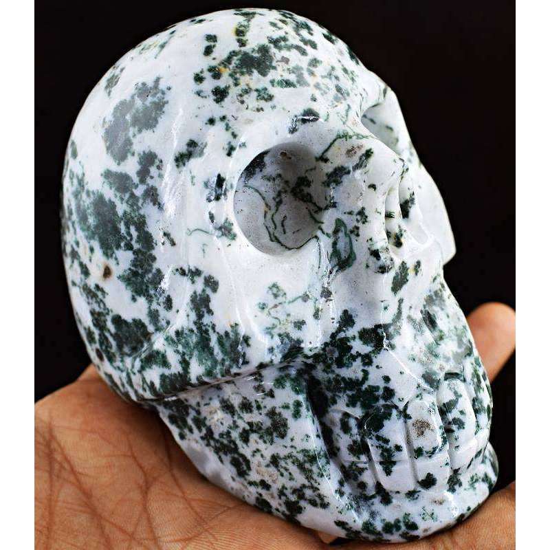 gemsmore:Hand Carved Tree Moss Agate Human Skull Gemstone