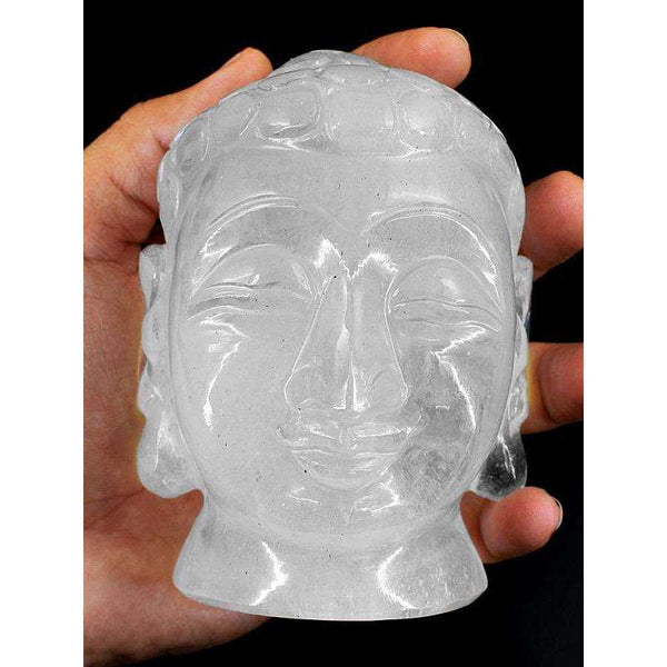 gemsmore:Hand Carved White Quartz Lord Buddha Head Idol Gemstone