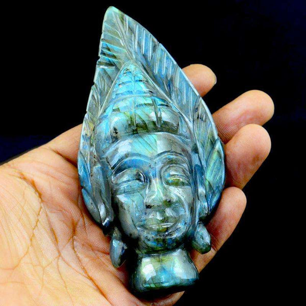 gemsmore:Hand Craved Blue & Golden Flash Labradorite Buddha Head
