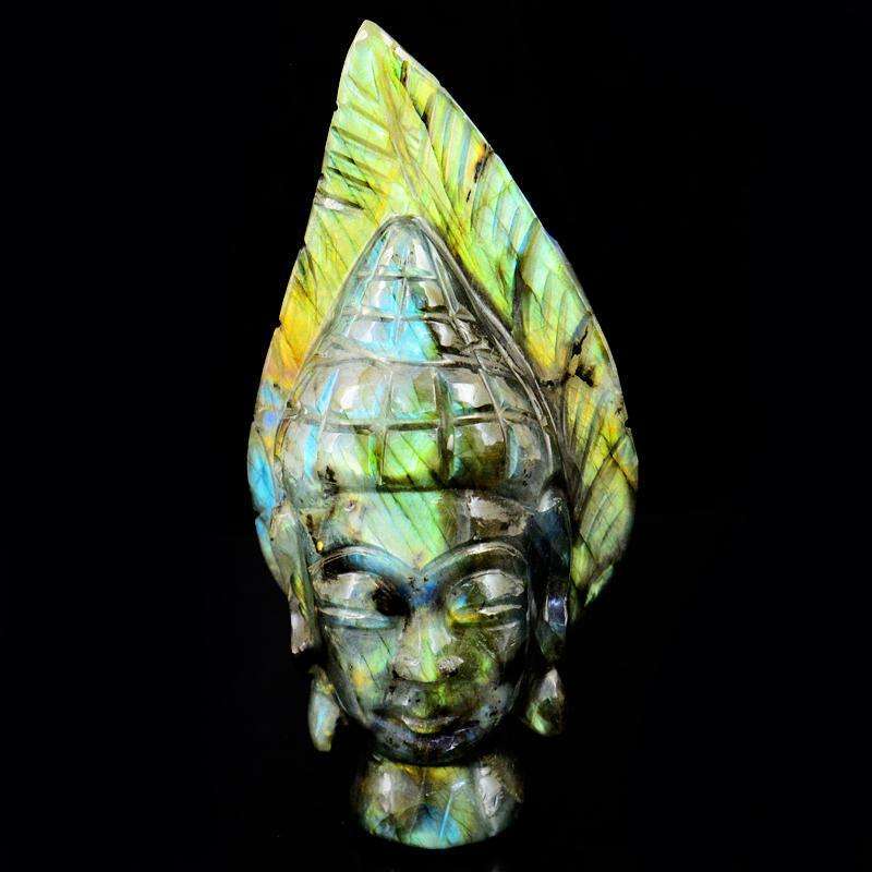 gemsmore:Hand Craved Blue & Golden Flash Labradorite Buddha Head