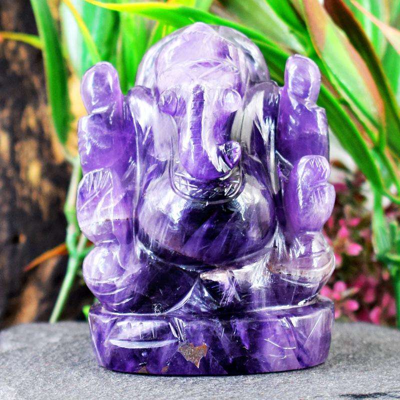 gemsmore:Hand Craved Purple Amethyst Lord Ganesha Idol