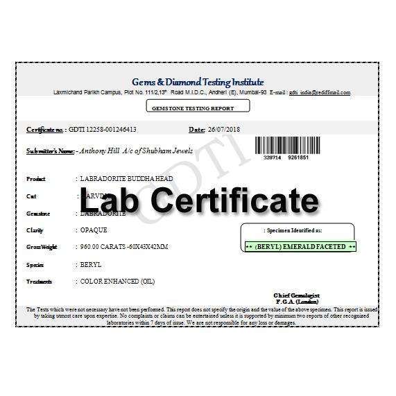 gemsmore:Independent Laboratory Certificate for Gems, Crystals, Carvings & Jewelry