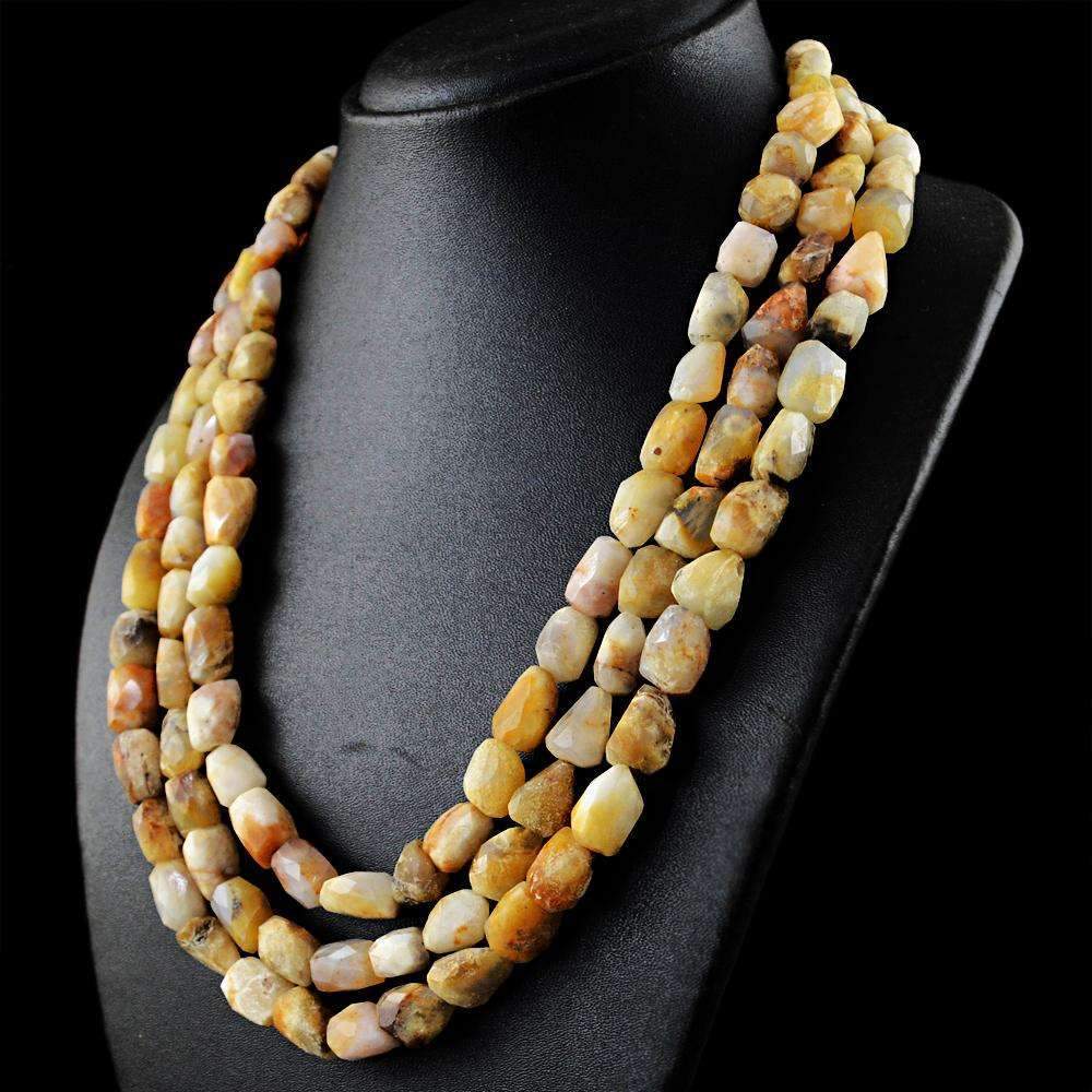 gemsmore:Indian Opal Necklace Natural 3 Strand Faceted Untreated Beads