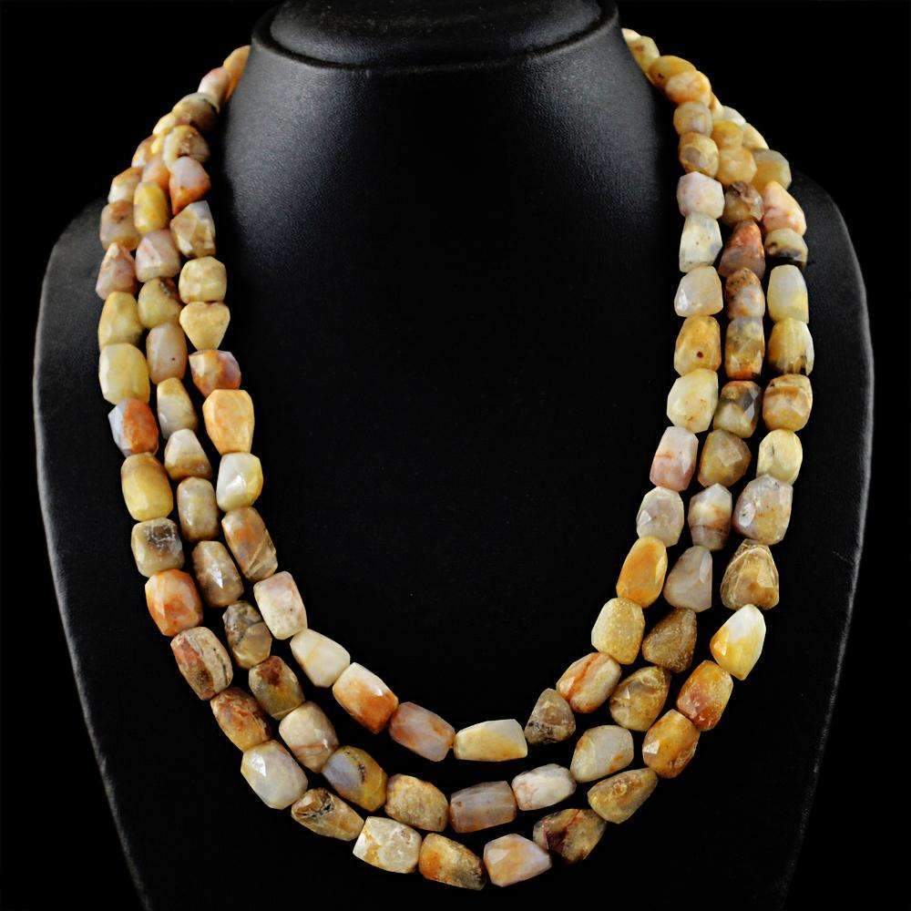 gemsmore:Indian Opal Necklace Natural 3 Strand Faceted Untreated Beads