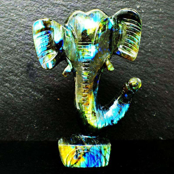 gemsmore:Infinity Green Flash Labradorite Carved Lord Ganesha Head