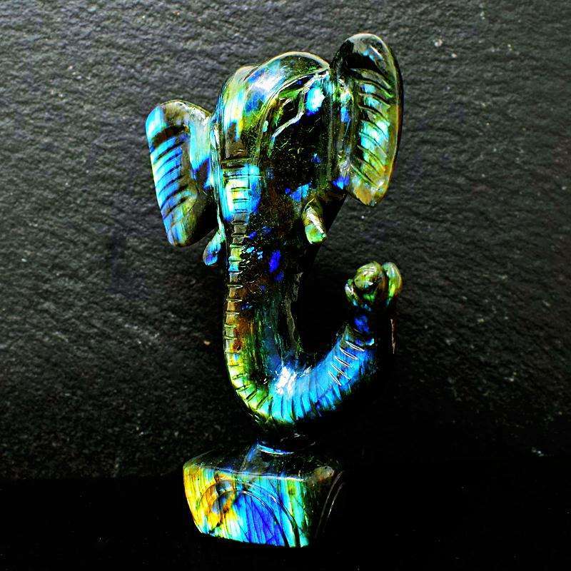 gemsmore:Infinity Green Flash Labradorite Carved Lord Ganesha Head