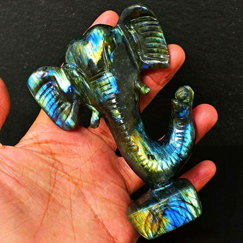 gemsmore:Infinity Green Flash Labradorite Carved Lord Ganesha Head