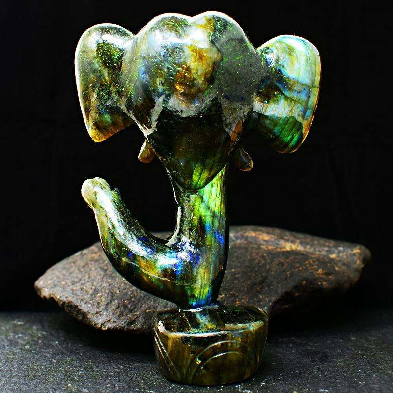 gemsmore:Infinity Green Flash Labradorite Carved Lord Ganesha Head
