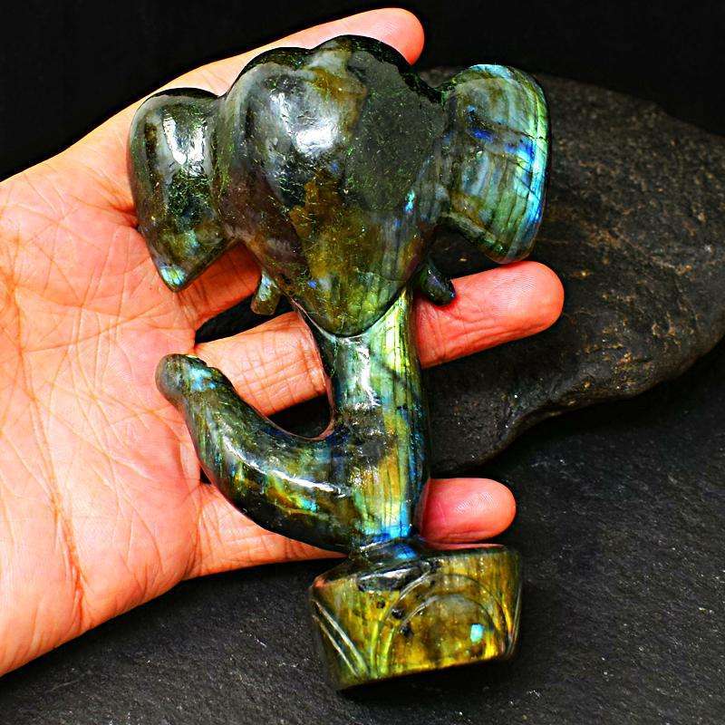 gemsmore:Infinity Green Flash Labradorite Carved Lord Ganesha Head
