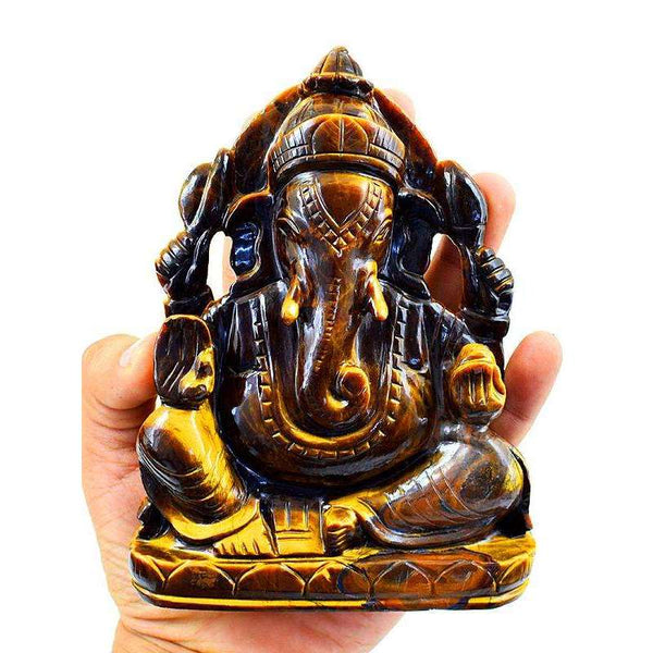 gemsmore:Lovely Golden Tiger Eye Gemstone Carved Lord Ganesha Idol Statute