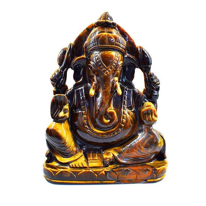 gemsmore:Lovely Golden Tiger Eye Gemstone Carved Lord Ganesha Idol Statute