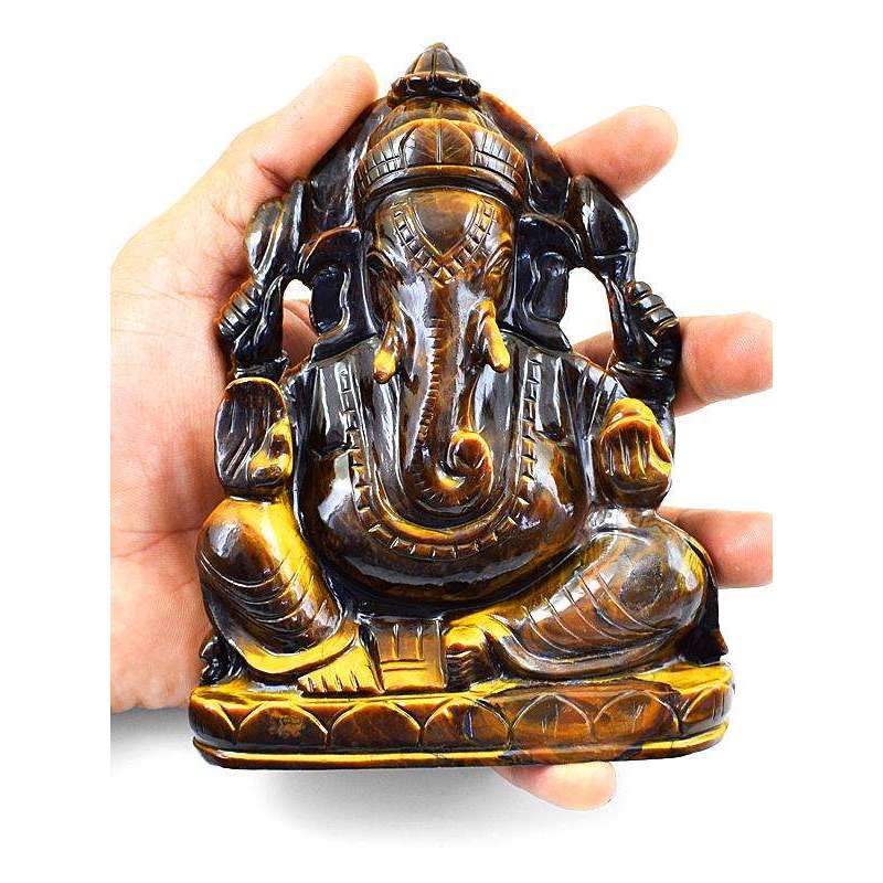 gemsmore:Lovely Golden Tiger Eye Gemstone Carved Lord Ganesha Idol Statute