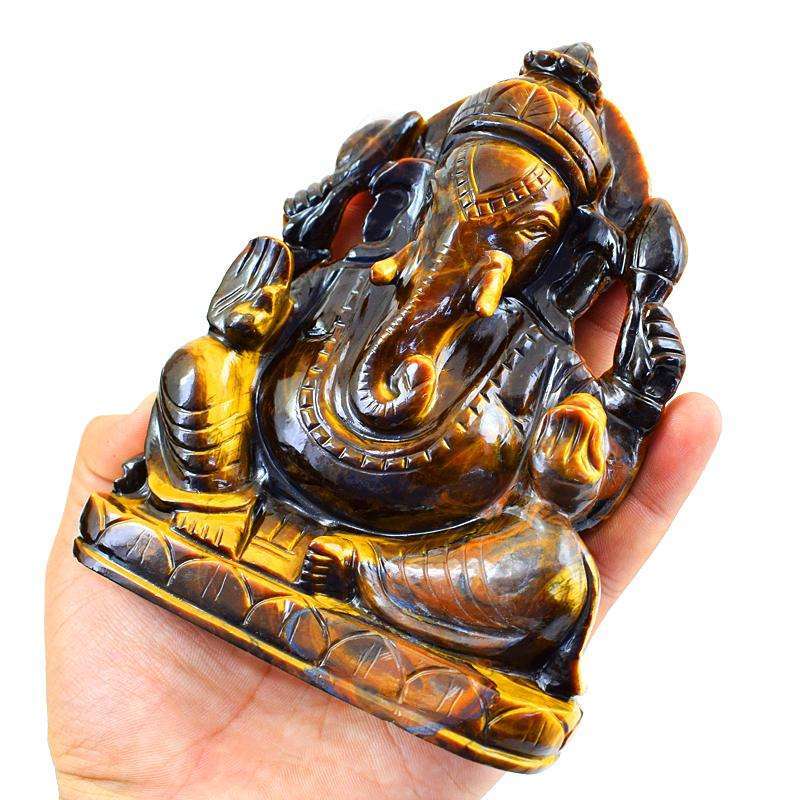 gemsmore:Lovely Golden Tiger Eye Gemstone Carved Lord Ganesha Idol Statute