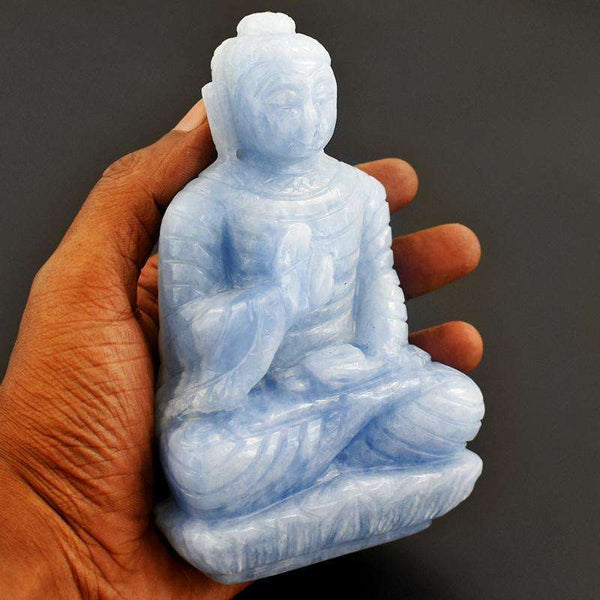 gemsmore:Luxury Collectors Piece - Genuine Blue Calcite Hand Carved Buddha