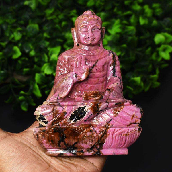 gemsmore:Luxury Collectors Piece - Genuine Pink Rhodonite  Hand Carved Buddha