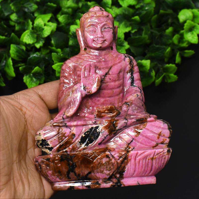 gemsmore:Luxury Collectors Piece - Genuine Pink Rhodonite  Hand Carved Buddha