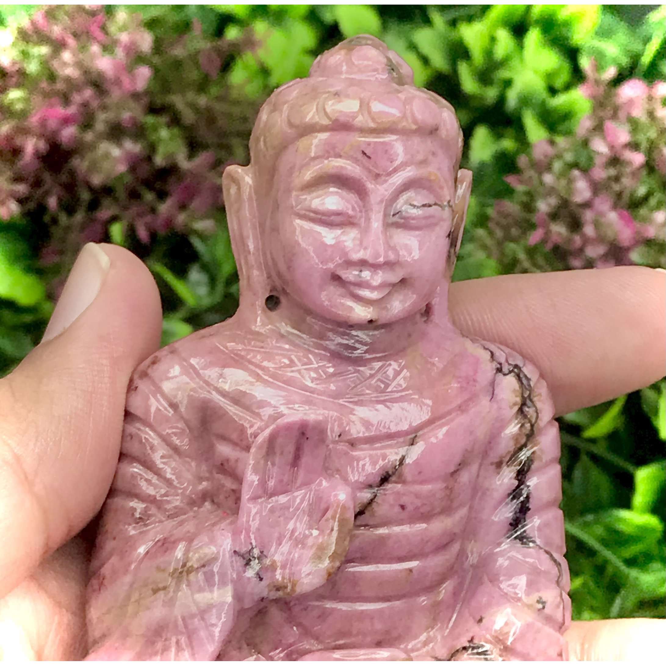 gemsmore:Luxury Collectors Piece - Genuine Pink Rhodonite  Hand Carved Buddha