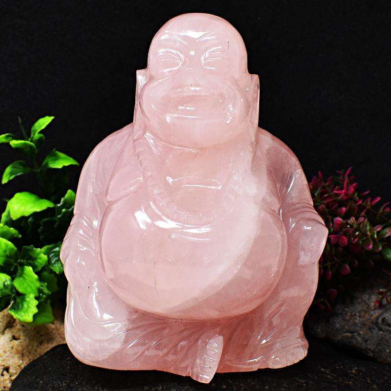 gemsmore:Magical Pink Rose Quartz Carved Laughing Buddha (Happy Man)