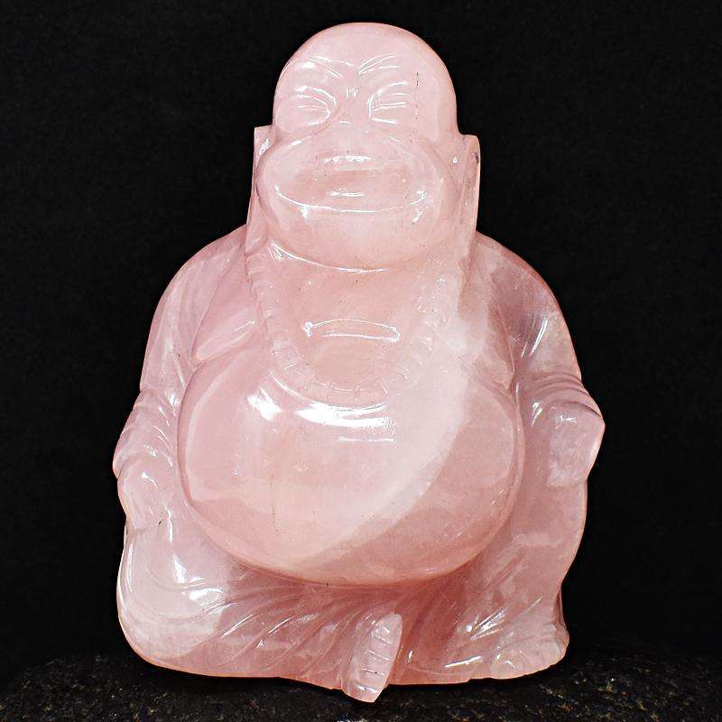 gemsmore:Magical Pink Rose Quartz Carved Laughing Buddha (Happy Man)