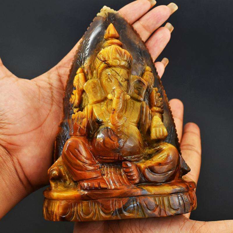 gemsmore:Massive Size Crystal Carved Ganesha idol in Tiger Eye Crystal