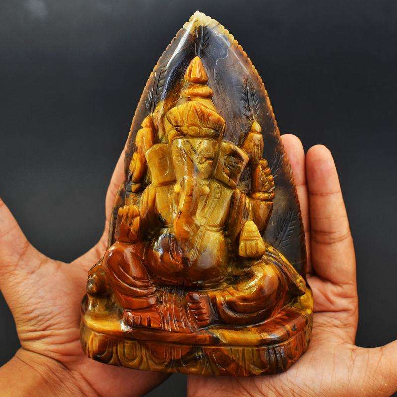 gemsmore:Massive Size Crystal Carved Ganesha idol in Tiger Eye Crystal