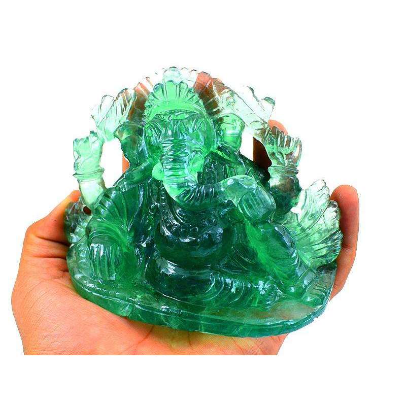 gemsmore:Mesmerising Green Fluorite Gemstone Carved Lord Ganesha Idol Statute