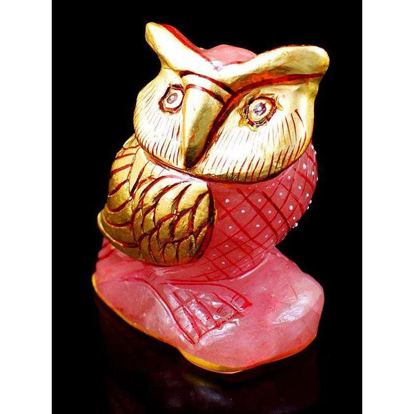 gemsmore:Mesmerising Pink Rose Quartz Enamel Painted Carved Owl Gemstone