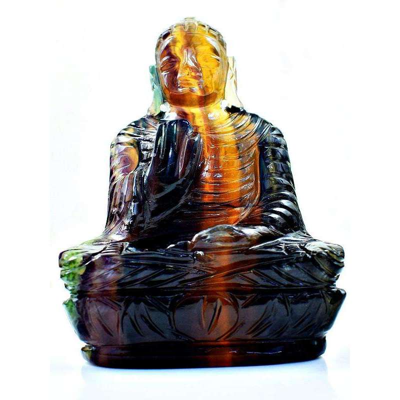 gemsmore:Multicolor Fluorite Carved Lord Buddha Idol