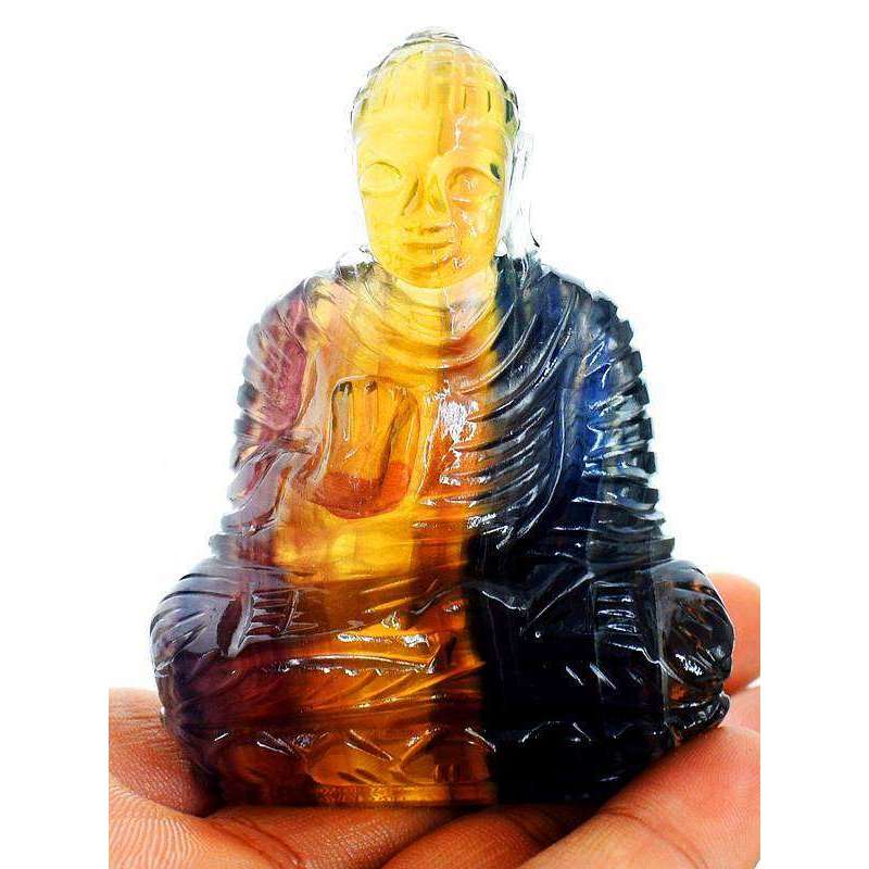 gemsmore:Multicolor Fluorite Carved Lord Buddha Idol