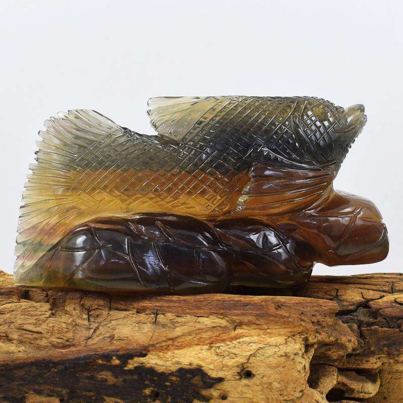 gemsmore:Multicolor Fluorite Finely Hand Carved Fish on Rock