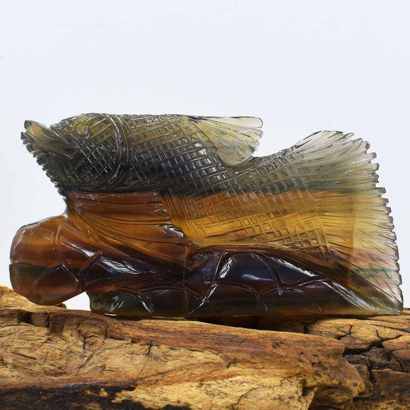 gemsmore:Multicolor Fluorite Finely Hand Carved Fish on Rock