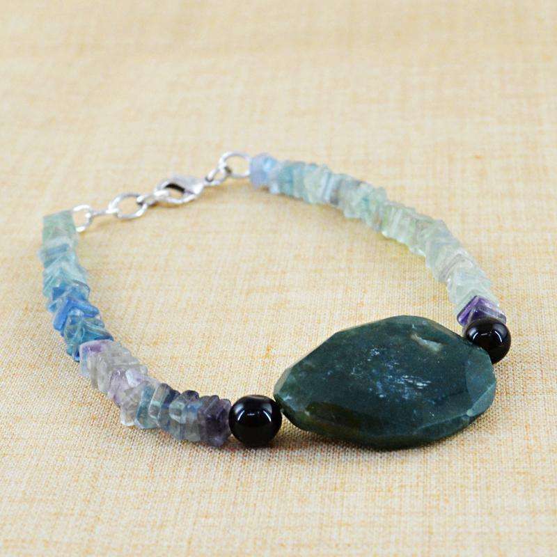 gemsmore:Multicolor Fluorite & Green Moss Agate Bracelet Natural Untreated Beads