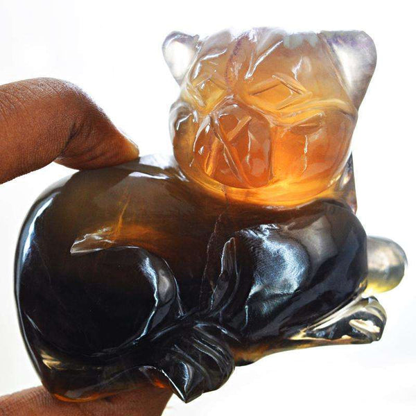 gemsmore:Multicolor Fluorite Hand Carved Cat - Genuine Gemstone