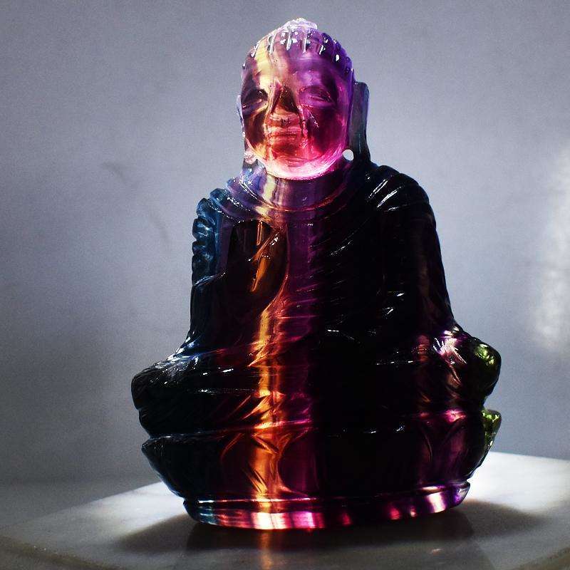 gemsmore:Multicolor Fluorite Hand Carved Lord Buddha Idol