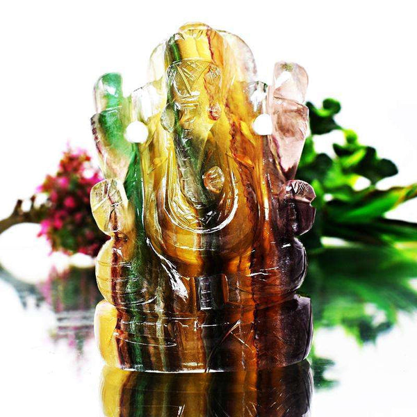 gemsmore:Multicolor Fluorite Hand Carved Lord Ganesha Idol