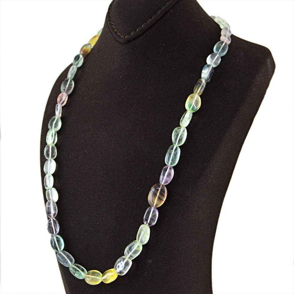 gemsmore:Multicolor Fluorite Necklace Natural 20 Inches Long Oval Shape Beads