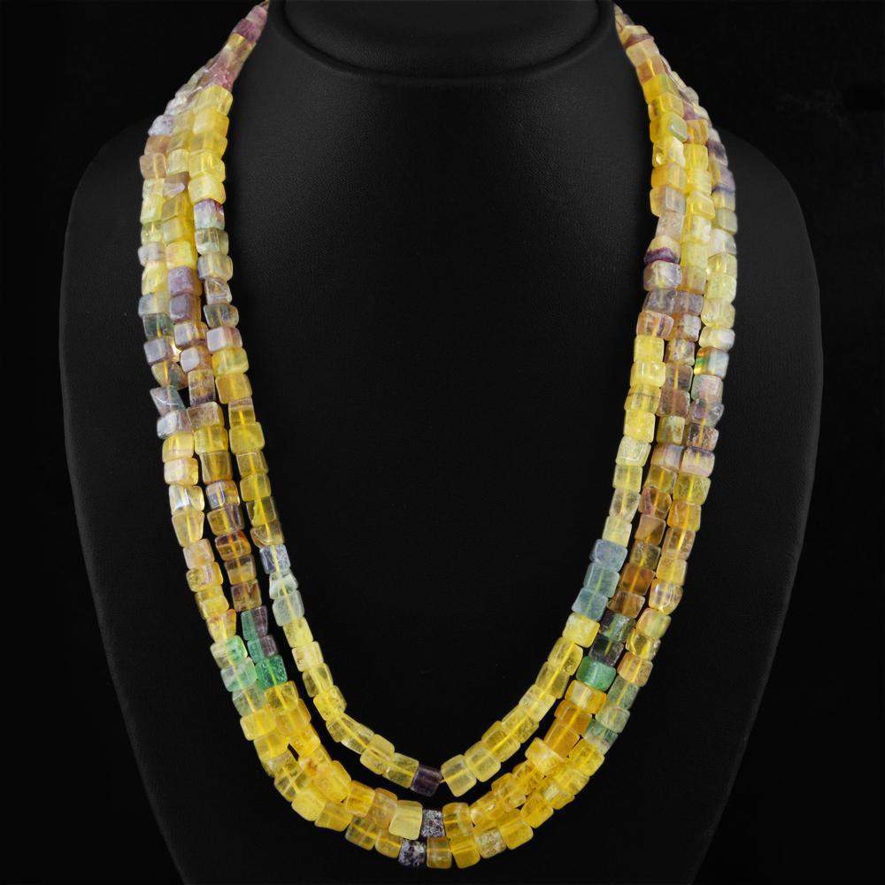 gemsmore:Multicolor Fluorite Necklace Natural 3 Line Untreated Beads
