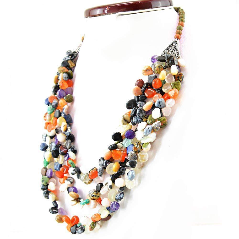 gemsmore:Multicolor Multi Gemstone & Blood Green Unakite Necklace Natural 3 Strand Untreated Beads