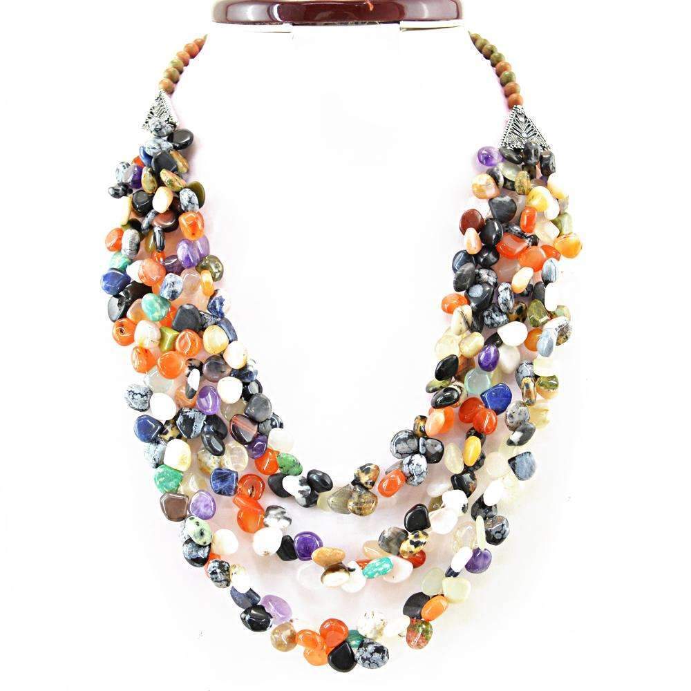 gemsmore:Multicolor Multi Gemstone & Blood Green Unakite Necklace Natural 3 Strand Untreated Beads