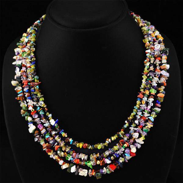 Natural 3 Strand Multicolor Multi Gemstone Necklace Untreated Beads