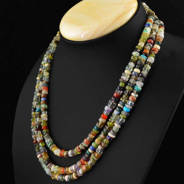 gemsmore:Multicolor Multi Gemstone Necklace Natural 3 Line Round Shape Beads